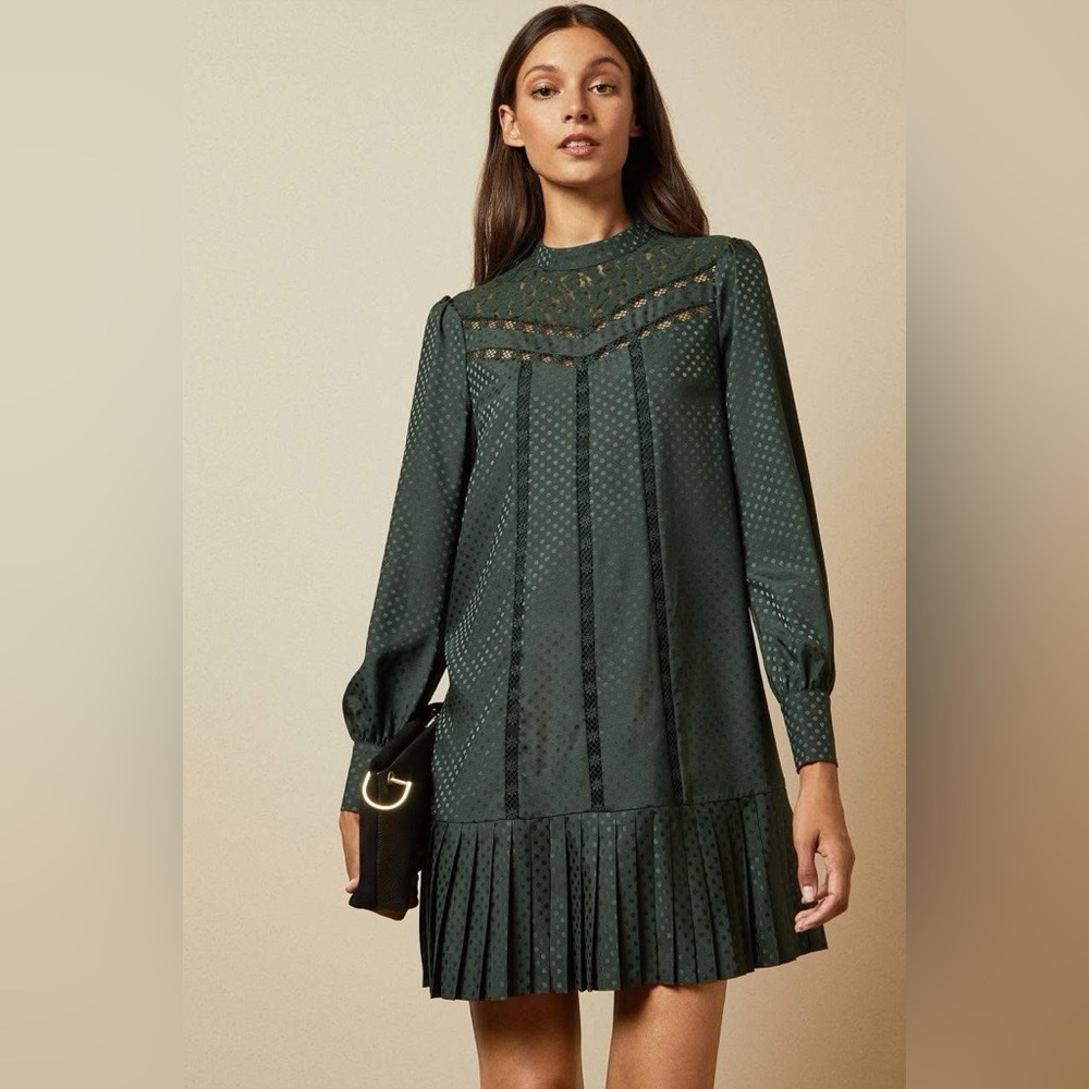 New Ted Baker Chllo Lace-Detail Midi Dress Size 2/ S Winter Formal Long Sleeves